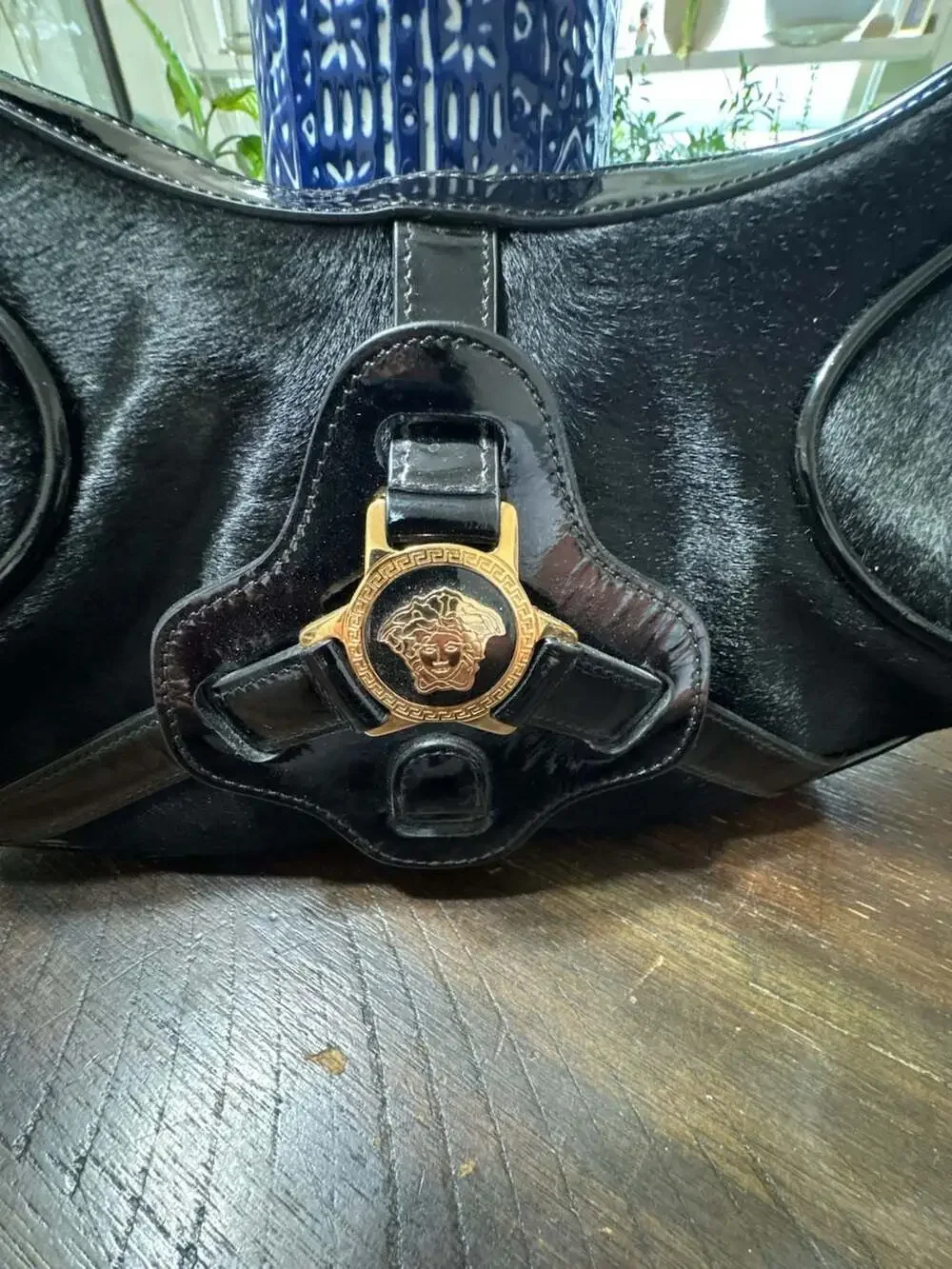 Versace Black Pony Hair And Patent Leather Hobo Handbag